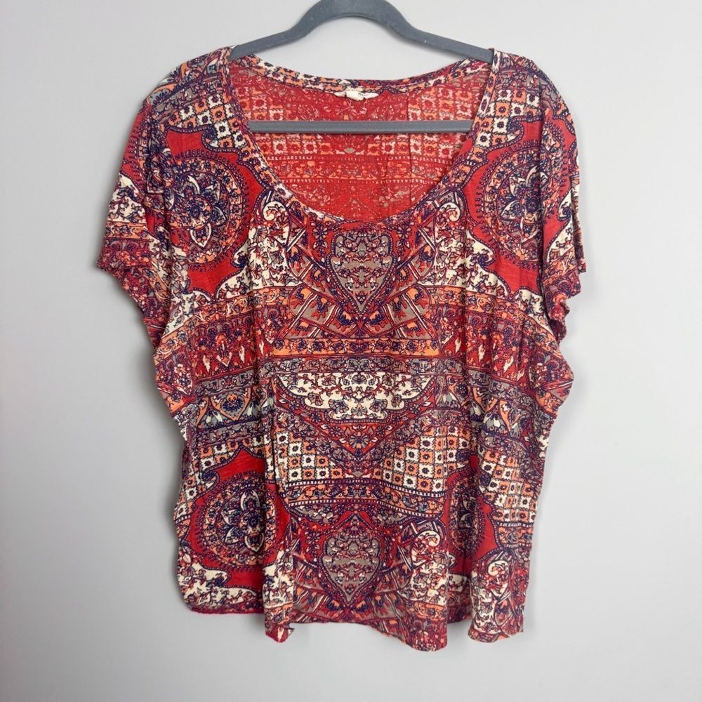 LUCKY BRAND | Orange Boho Patterned Short Sleeve Scoopneck Top Women’s Size 3X